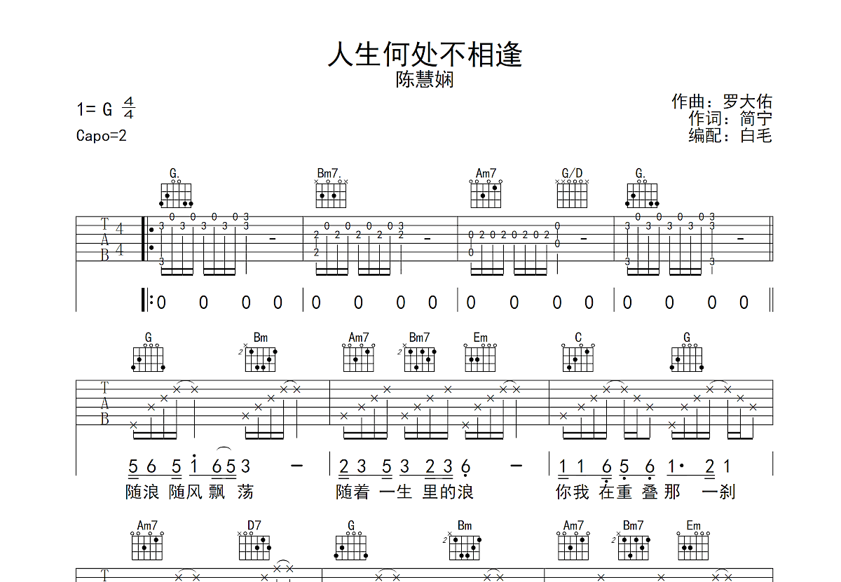 人生何处不相逢吉他谱预览图