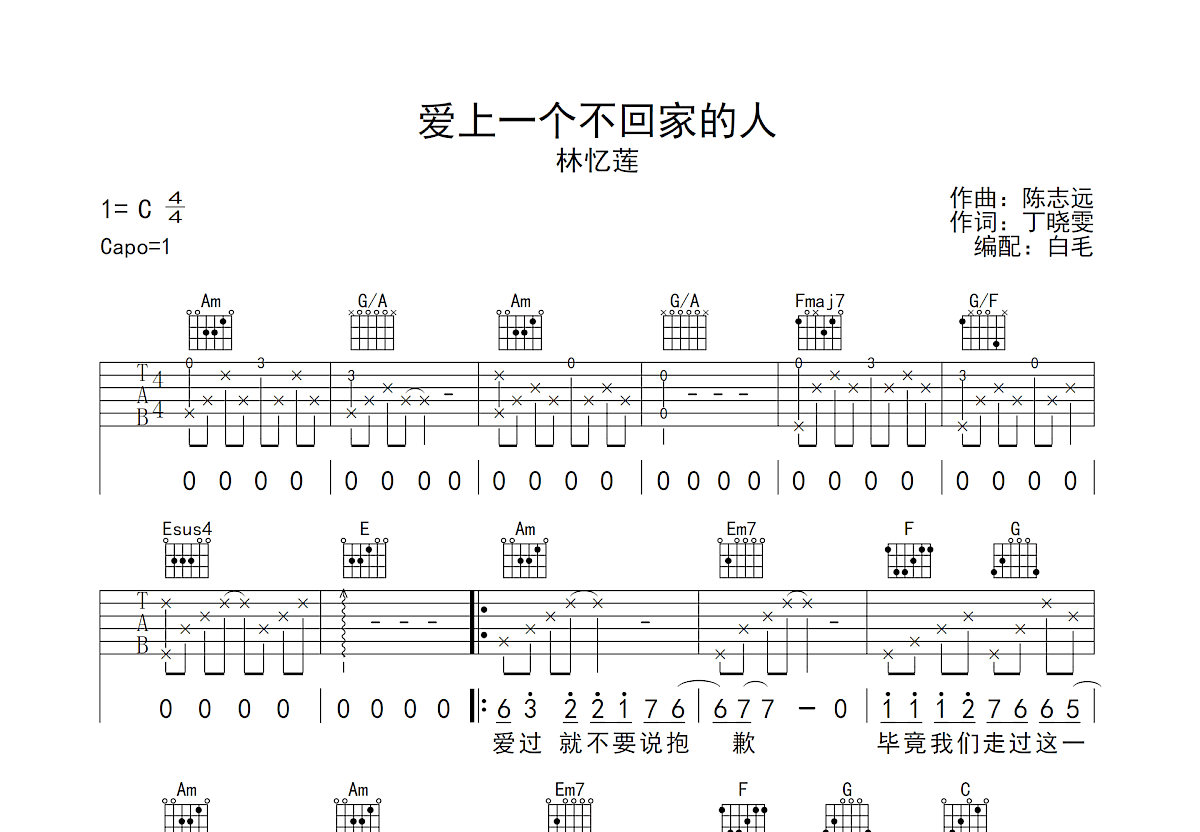 爱上一个不回家的人吉他谱预览图