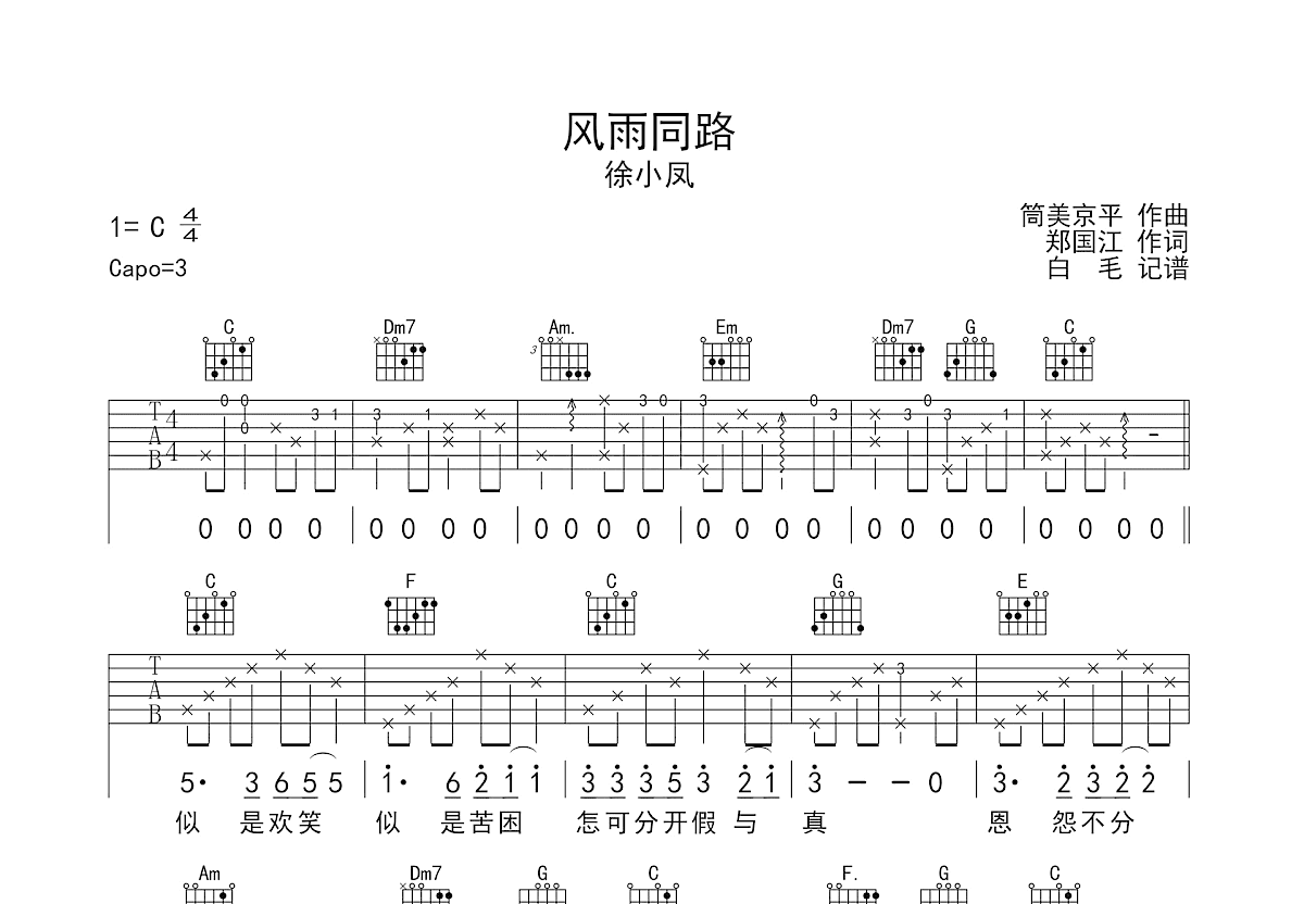 风雨同路吉他谱预览图