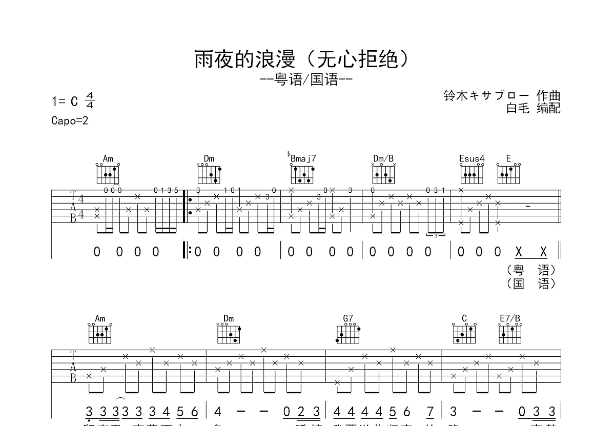 雨夜的浪漫+无心拒绝吉他谱_谭咏麟_C调弹唱