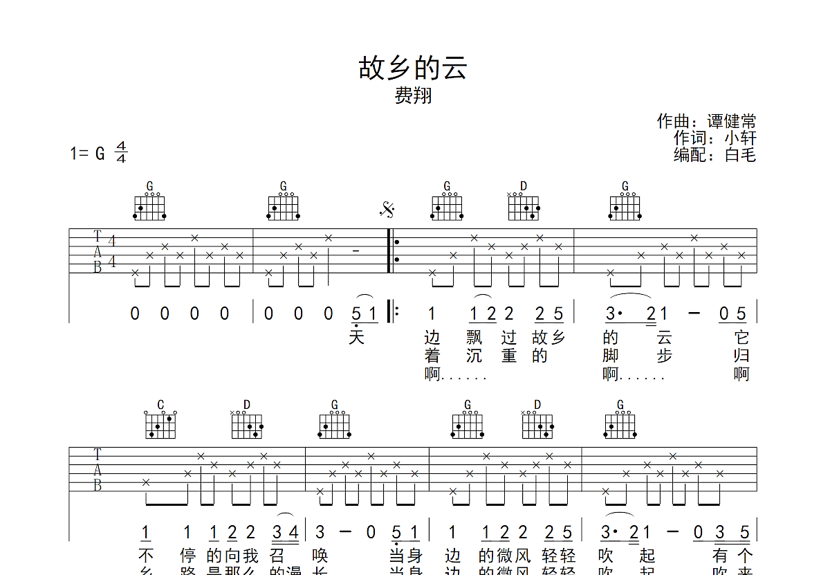 故乡的云吉他谱预览图