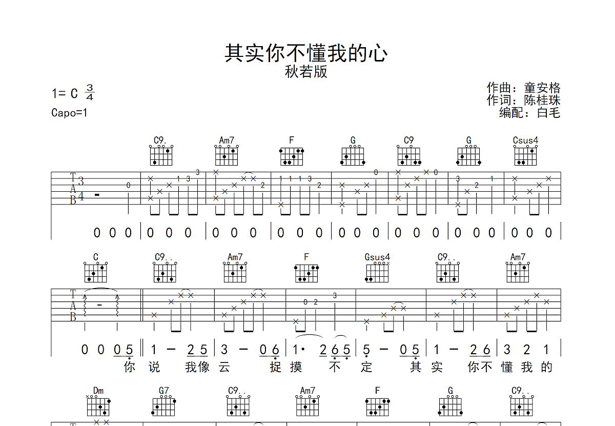 其实你不懂我的心吉他谱预览图