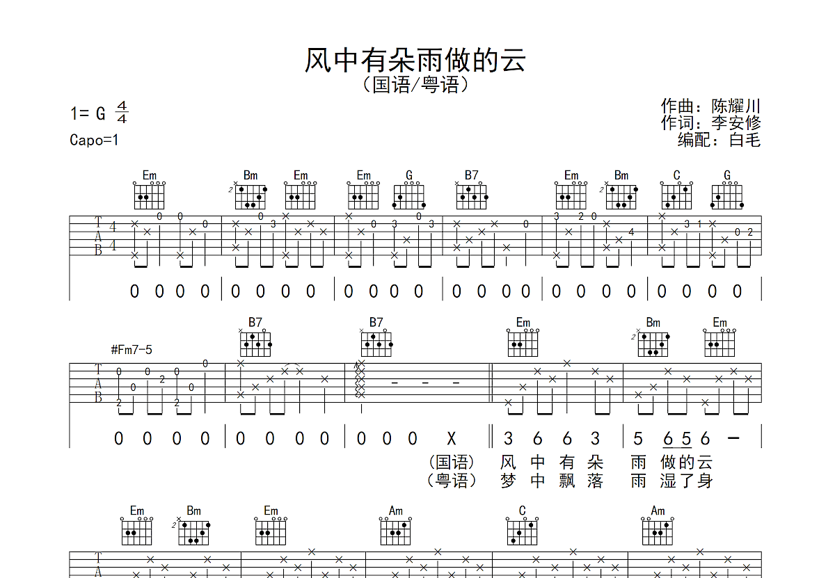 风中有朵雨做的云吉他谱预览图