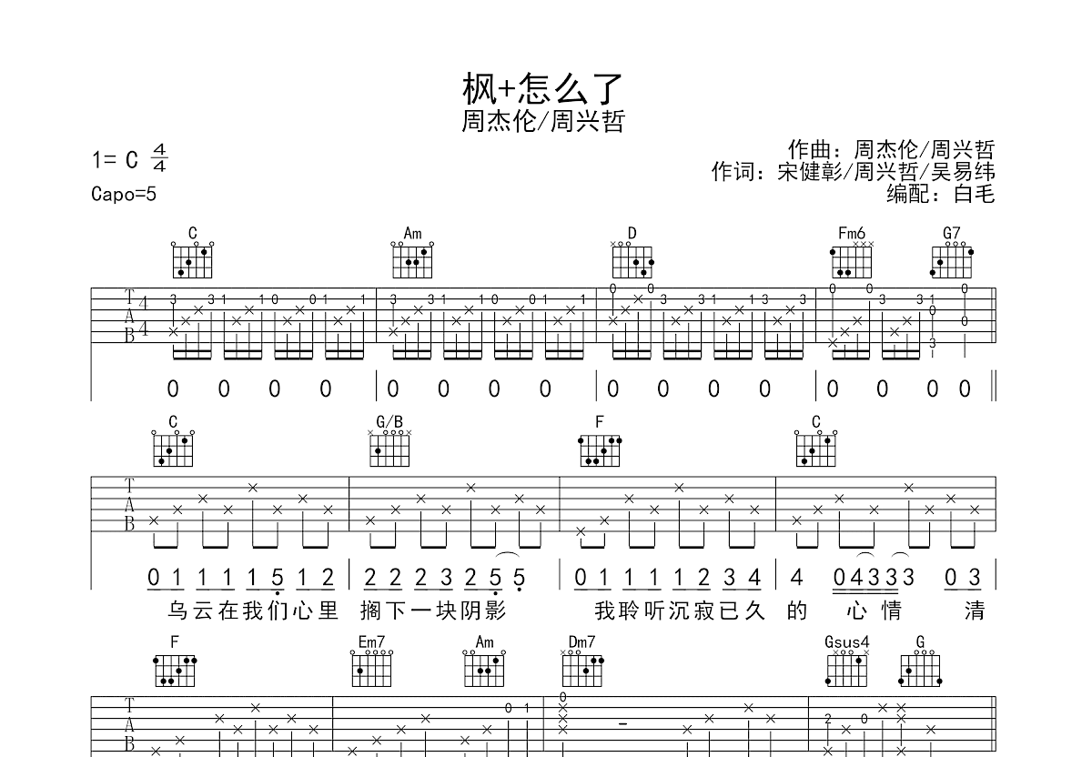 枫+怎么了吉他谱预览图