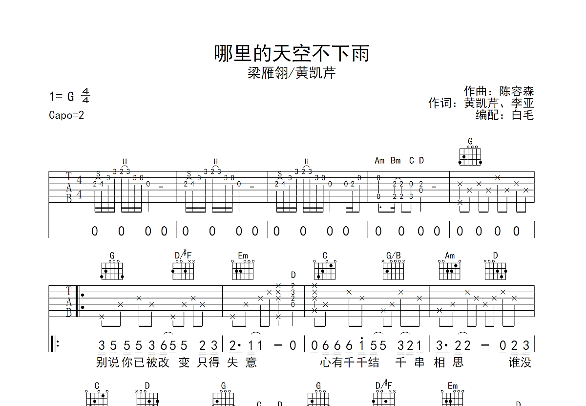 哪里的天空不下雨吉他谱预览图