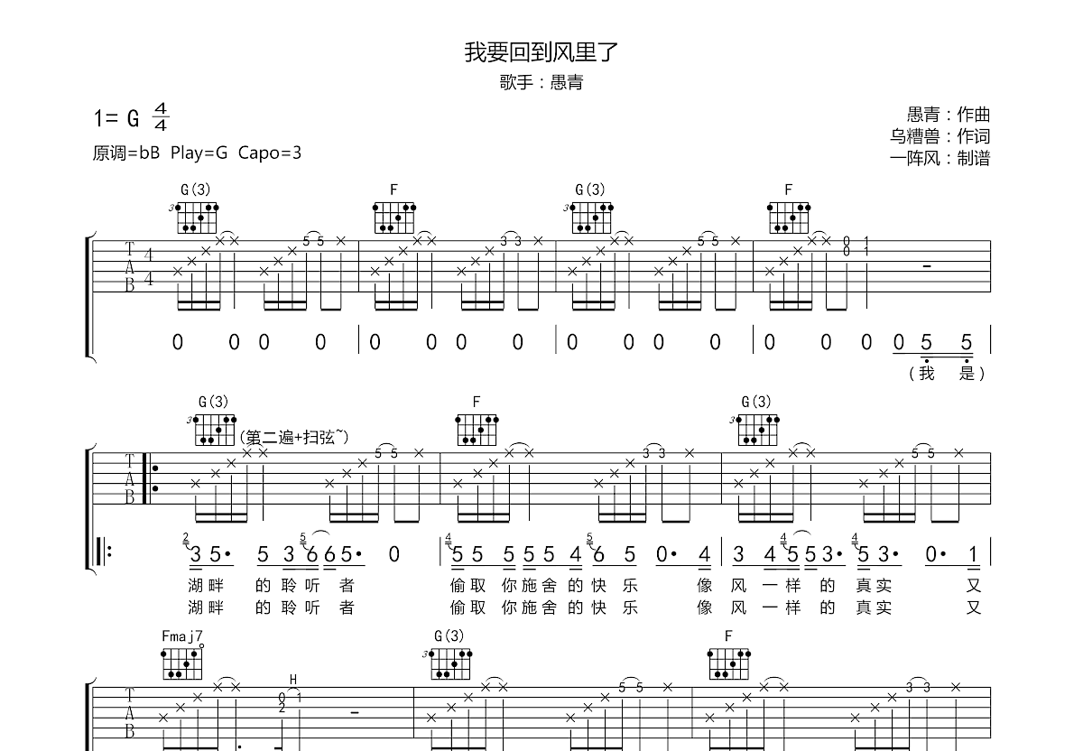 我要回到风里了吉他谱预览图