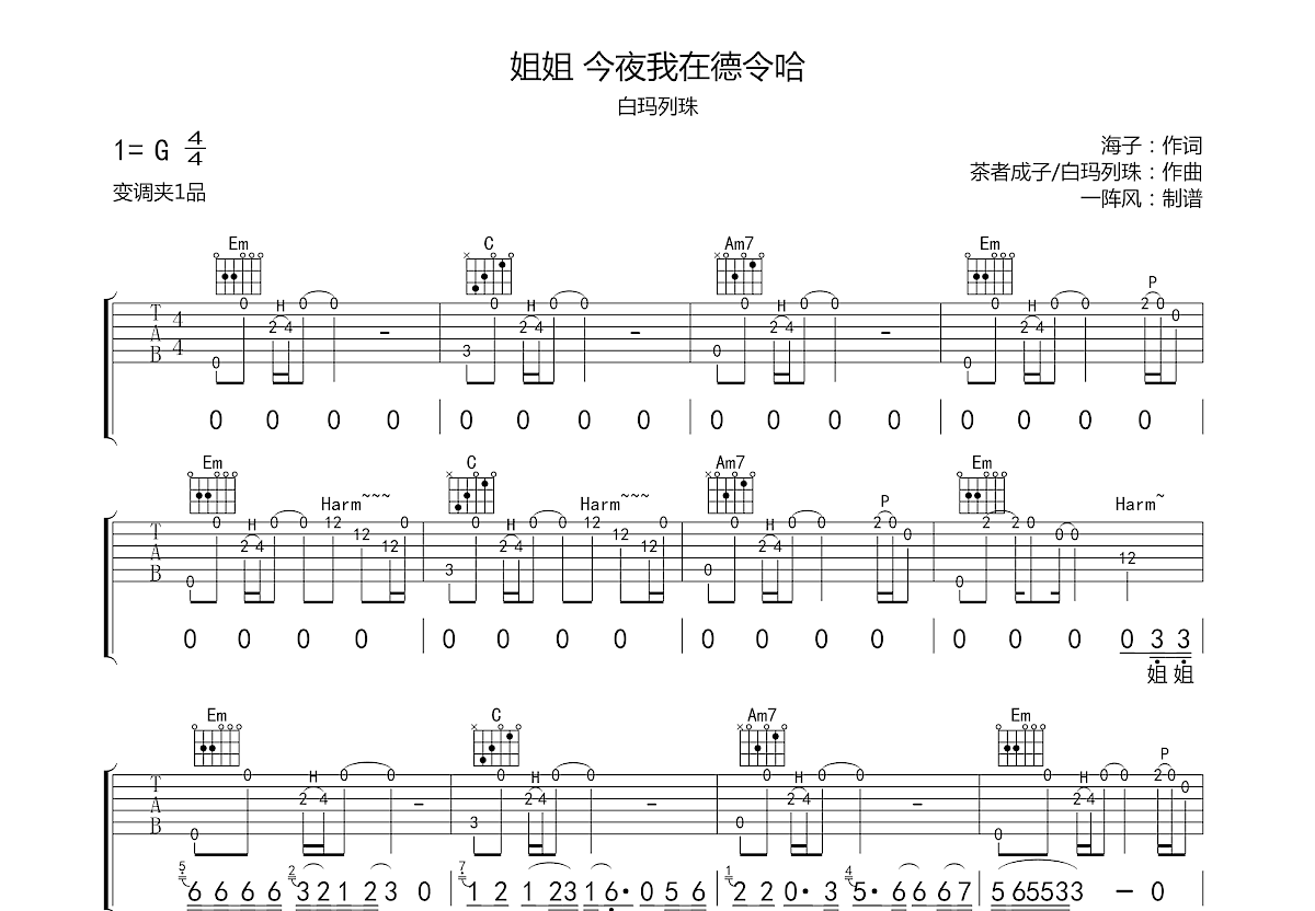 姐姐今夜我在的德令哈吉他谱预览图