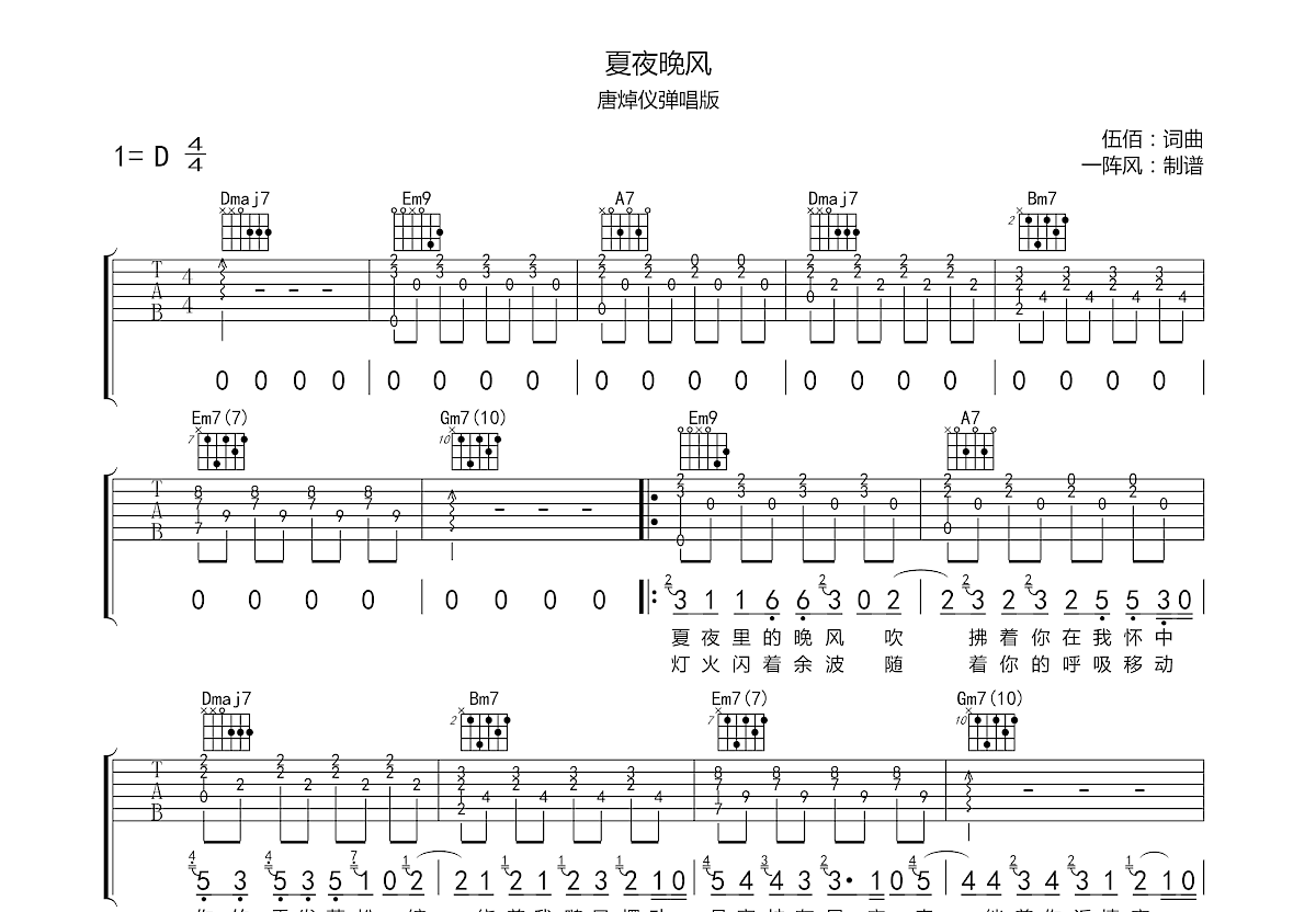 夏夜晚风吉他谱预览图