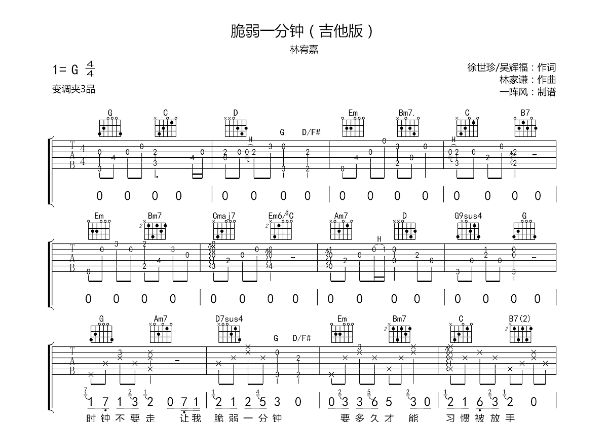 脆弱一分钟吉他谱预览图