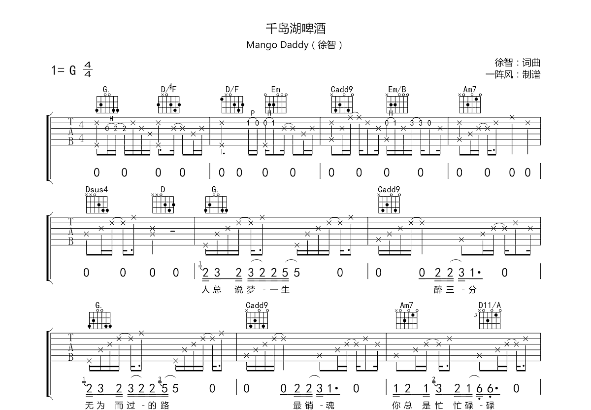 千岛湖啤酒吉他谱预览图