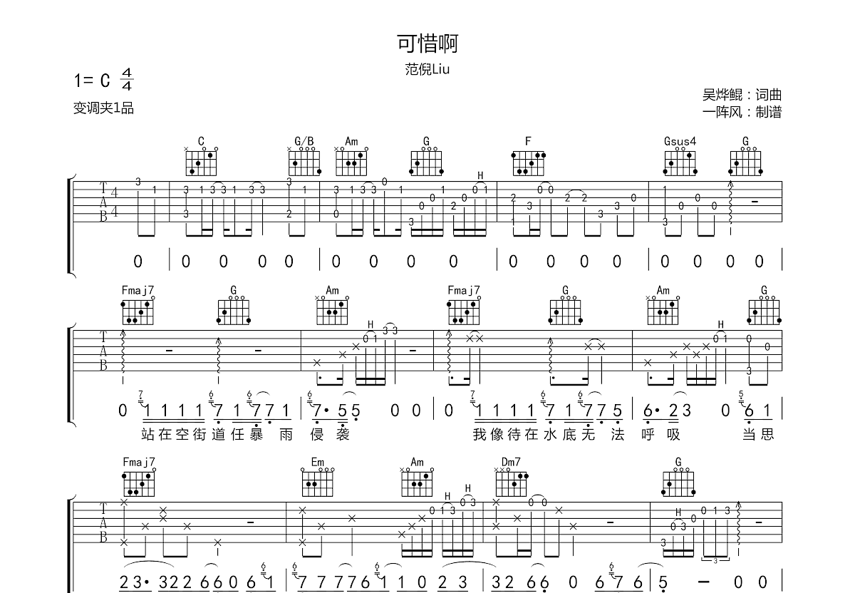 可惜啊吉他谱预览图