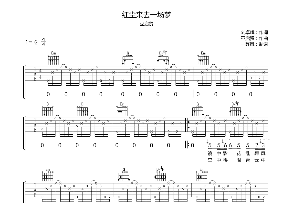 红尘来去一场梦吉他谱预览图