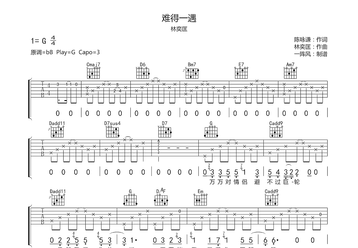 难得一遇吉他谱预览图