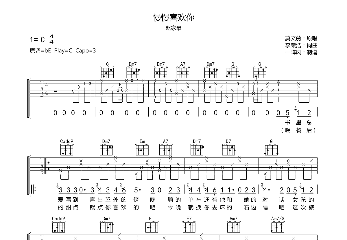 慢慢喜欢你吉他谱预览图