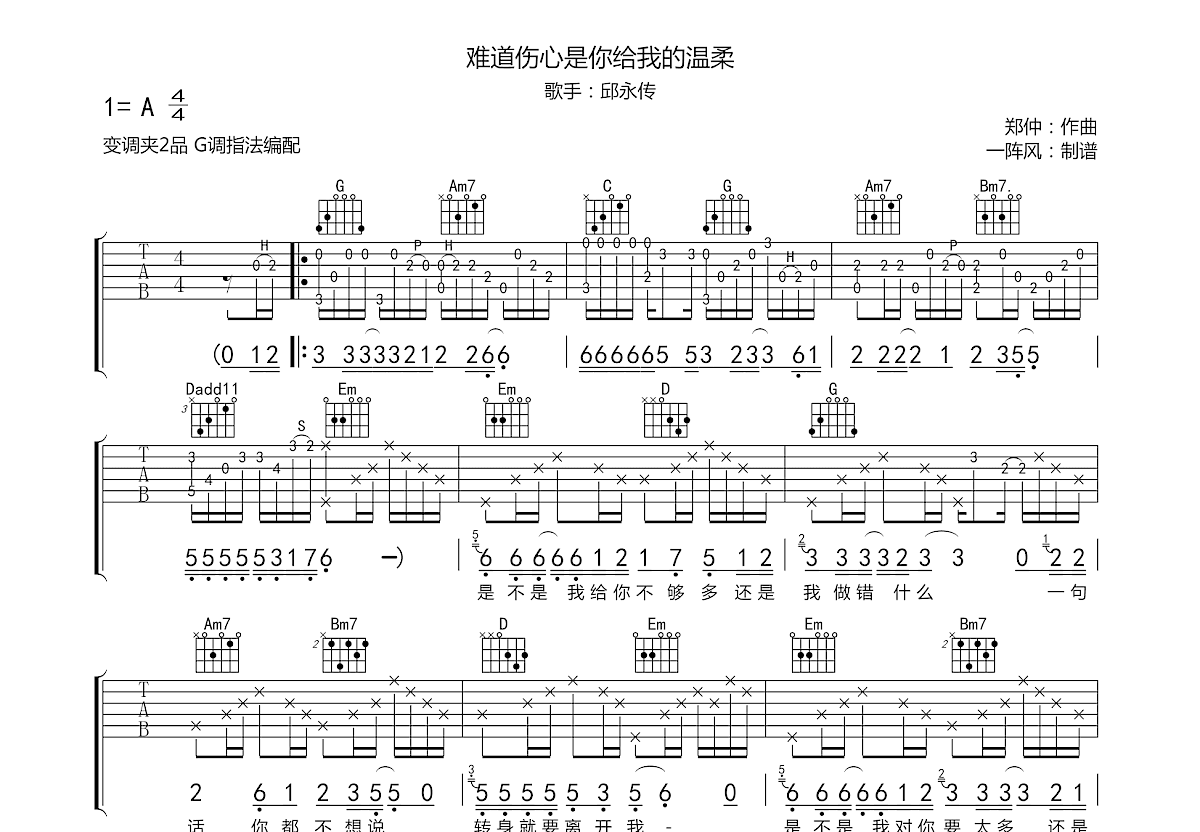 难道伤心是你给我的温柔吉他谱预览图