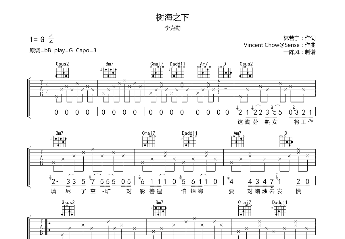 树海之下吉他谱预览图