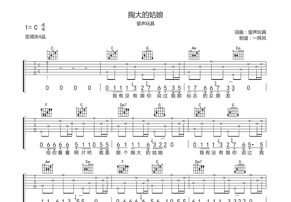 胸大的姑娘吉他谱预览图