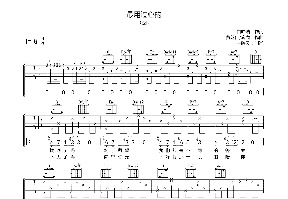 最用过心的吉他谱预览图