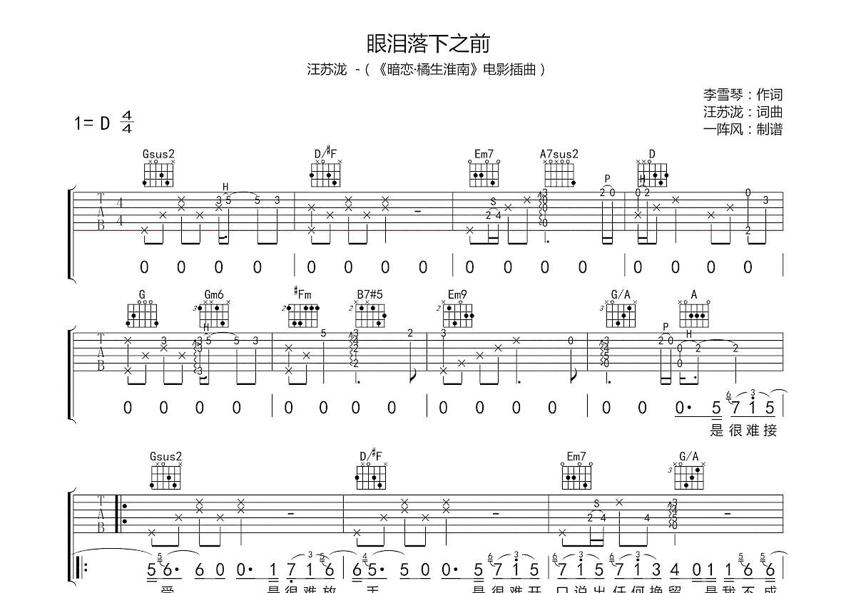 眼泪落下之前吉他谱预览图