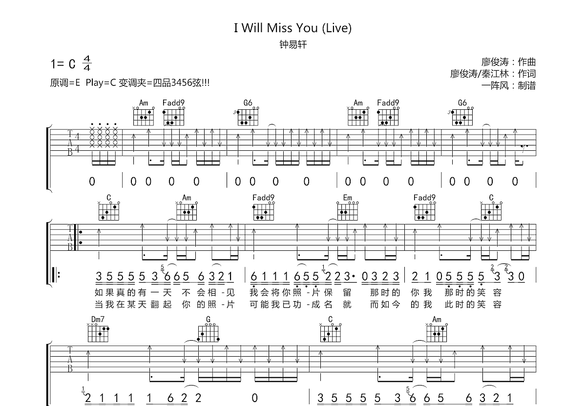 I Will Miss You吉他谱预览图