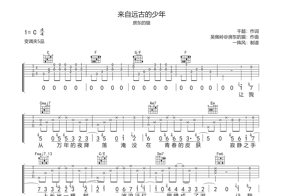 来自远古的少年吉他谱_房东的猫_C调弹唱