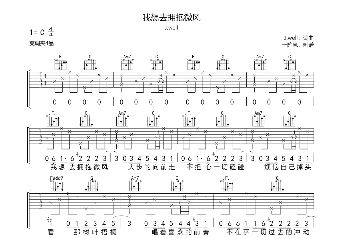 我想去拥抱微风吉他谱预览图