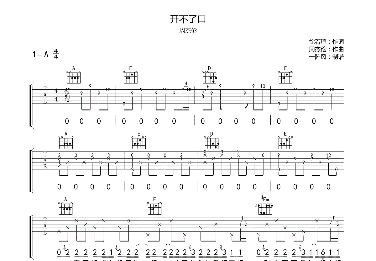 开不了口吉他谱预览图