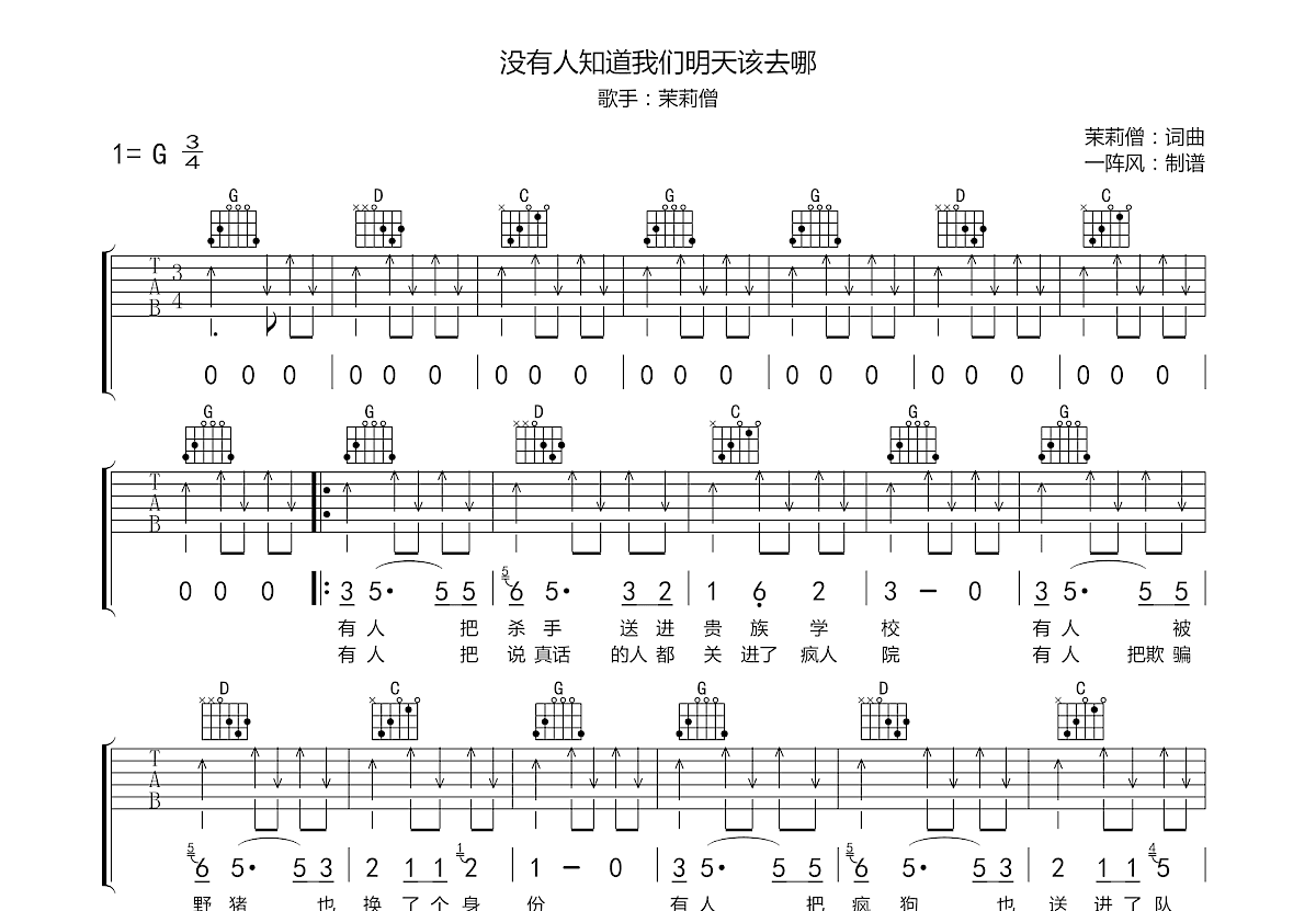 没有人知道我们明天该去哪吉他谱预览图
