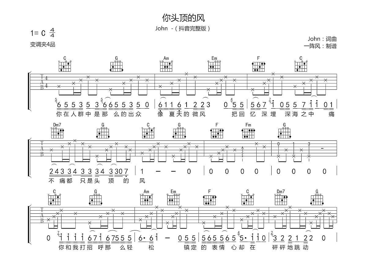 你头顶的风吉他谱预览图