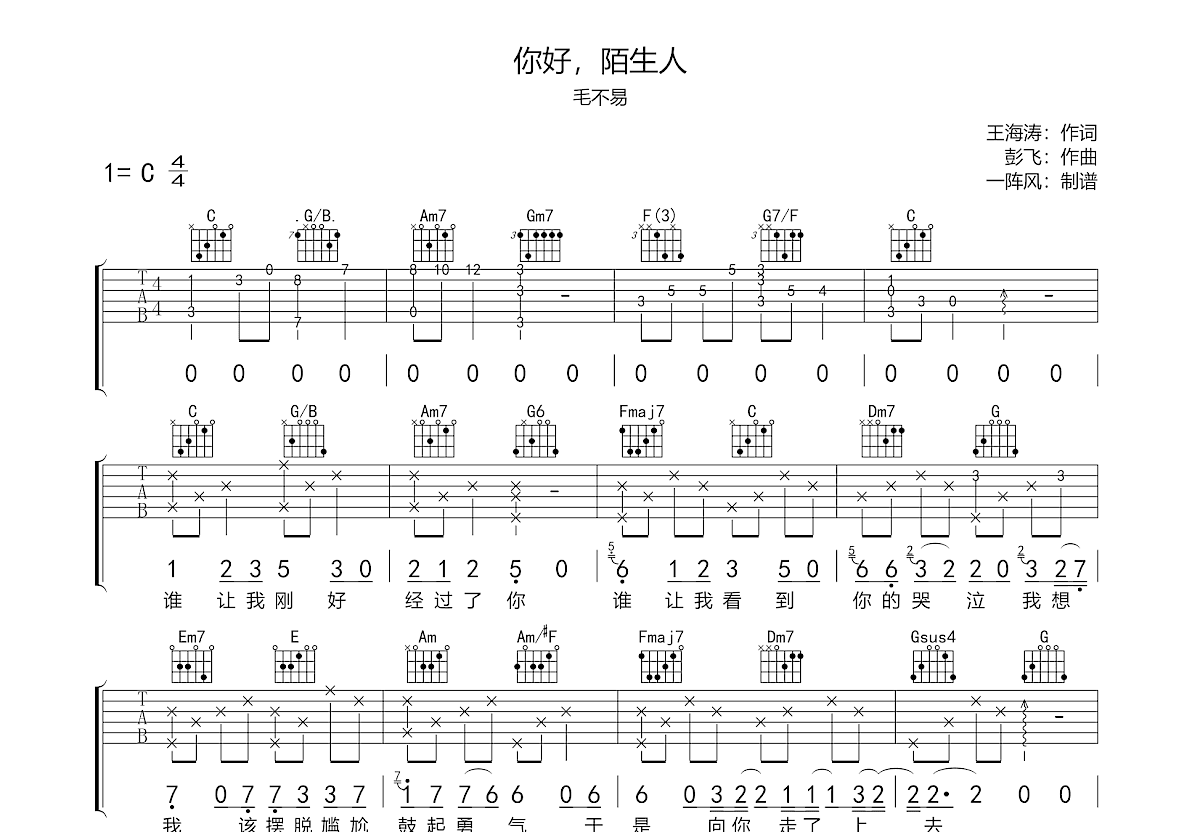 你好陌生人吉他谱预览图