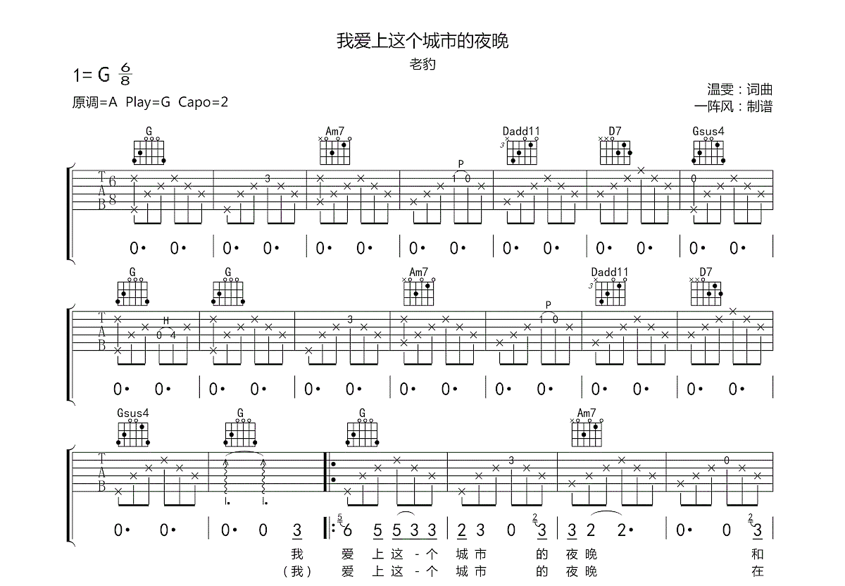 我爱上这个城市的夜晚吉他谱预览图