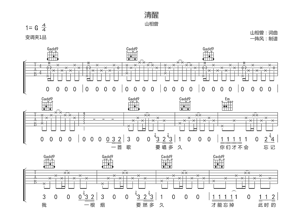 清醒吉他谱预览图