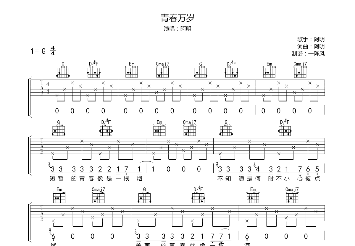 青春万岁吉他谱预览图