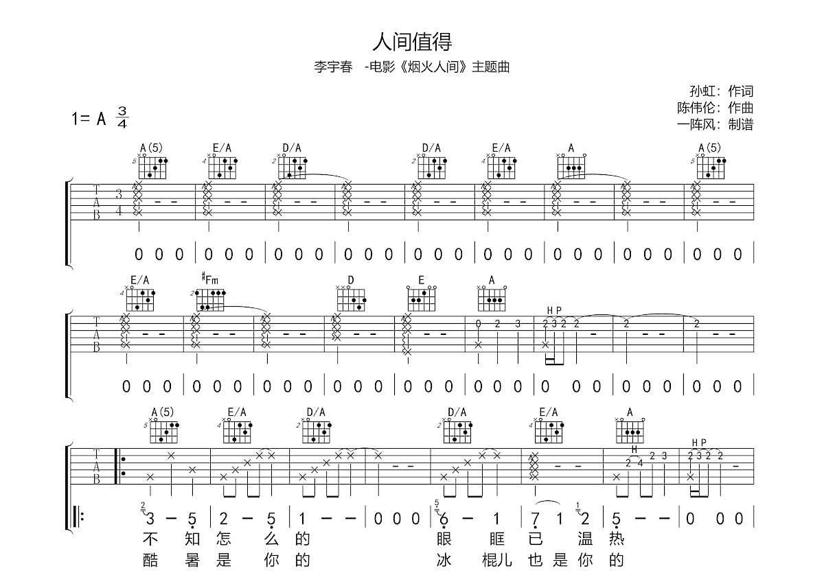 人间值得吉他谱预览图