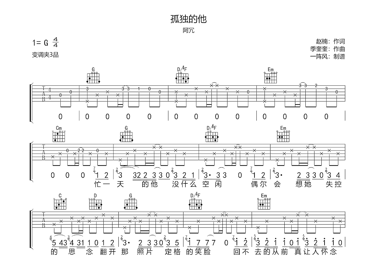孤独的他吉他谱预览图