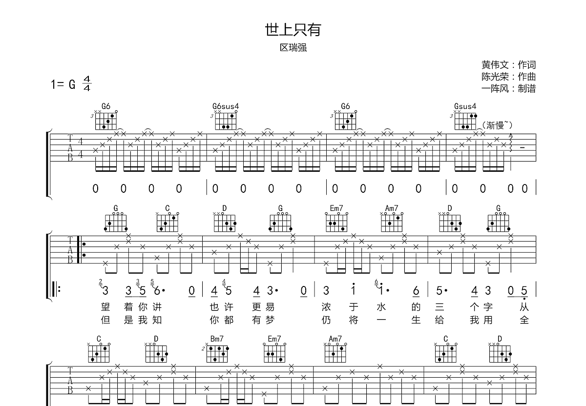 世上只有吉他谱预览图