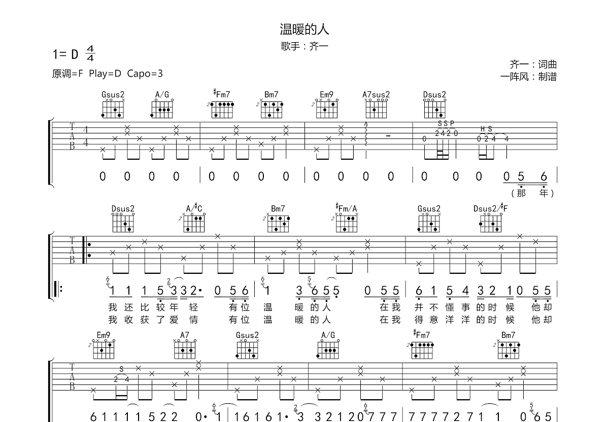 温暖的人吉他谱预览图