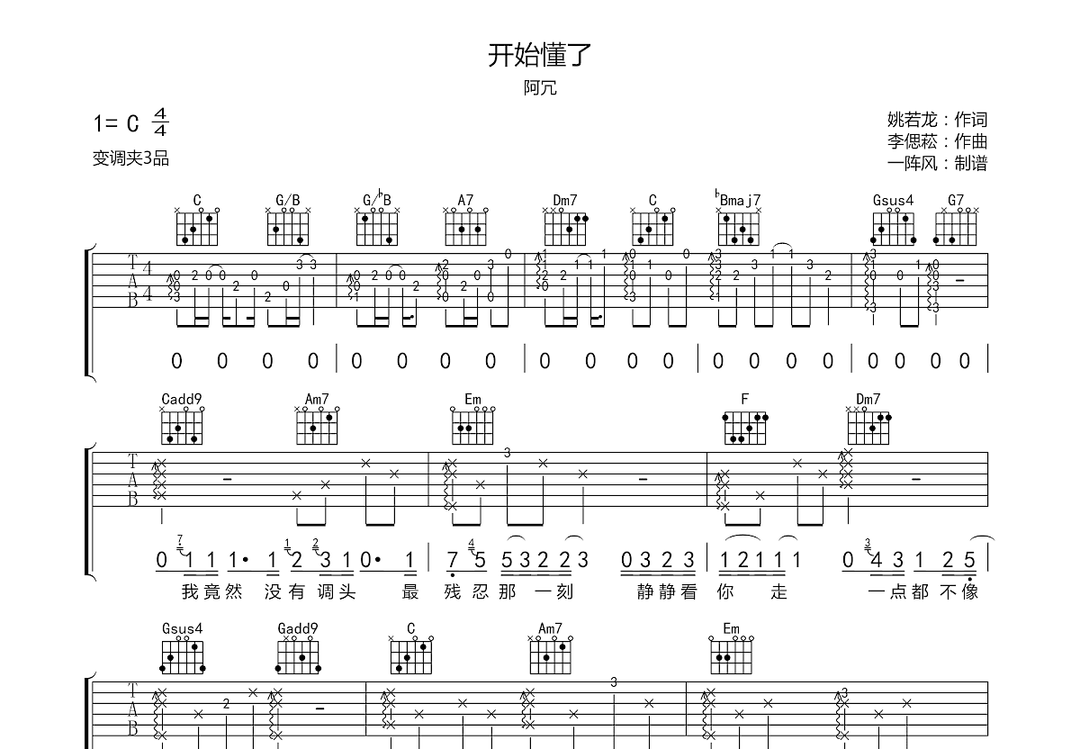 开始懂了吉他谱预览图