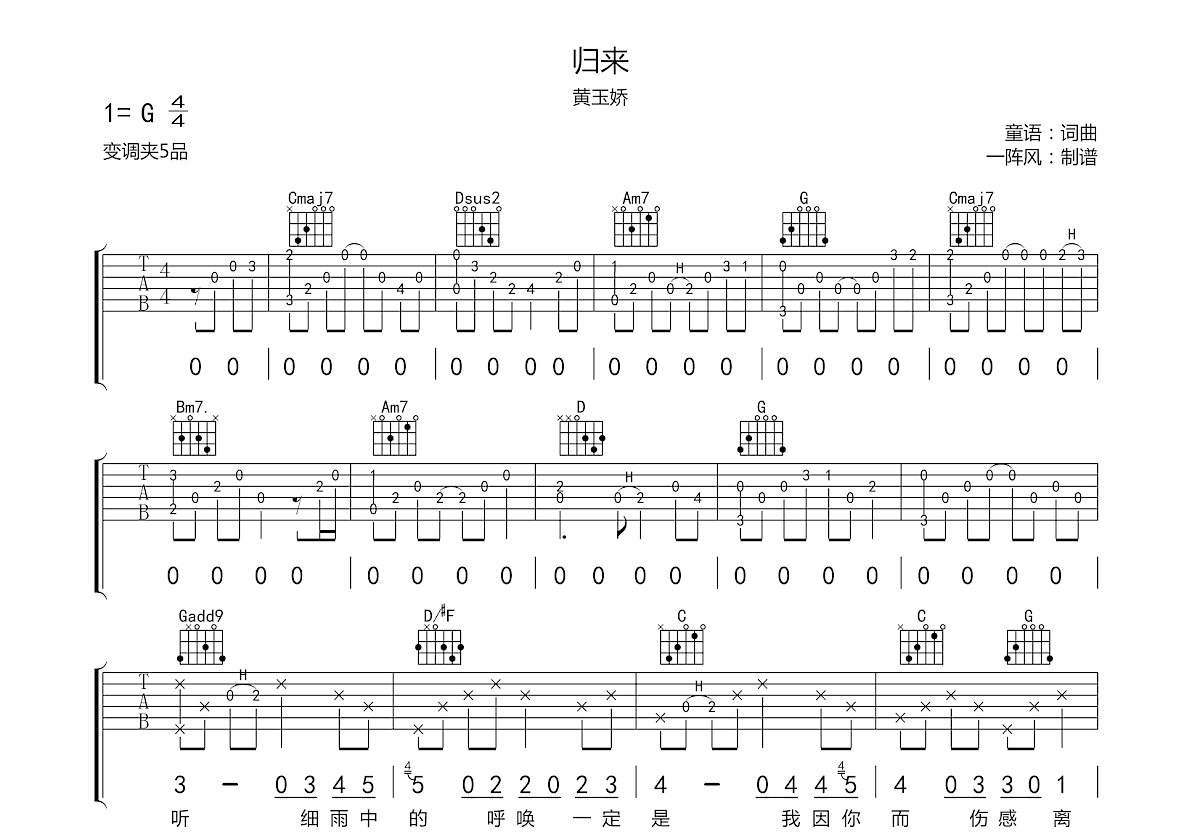 归来吉他谱预览图