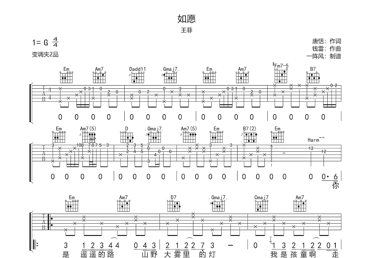 如愿吉他谱预览图