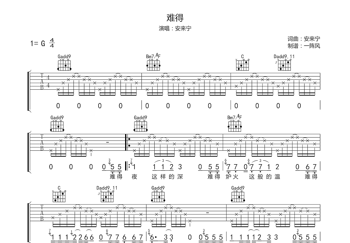 难得吉他谱预览图