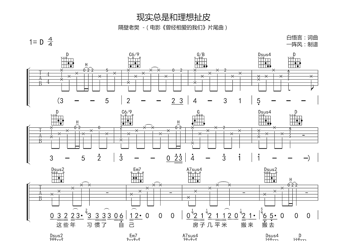 现实总是和理想扯皮吉他谱预览图