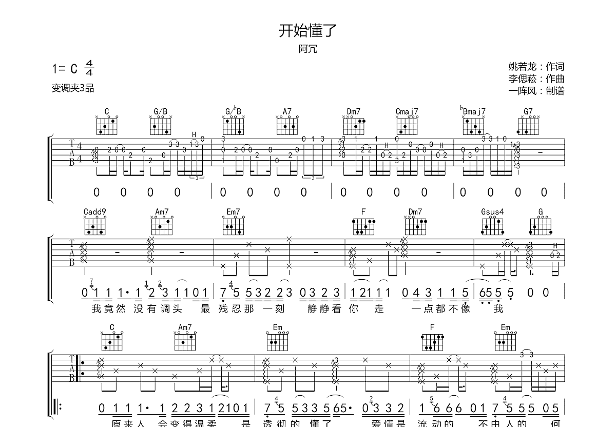 开始懂了吉他谱预览图