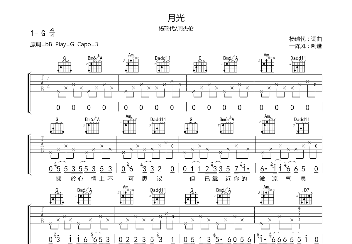 月光吉他谱预览图