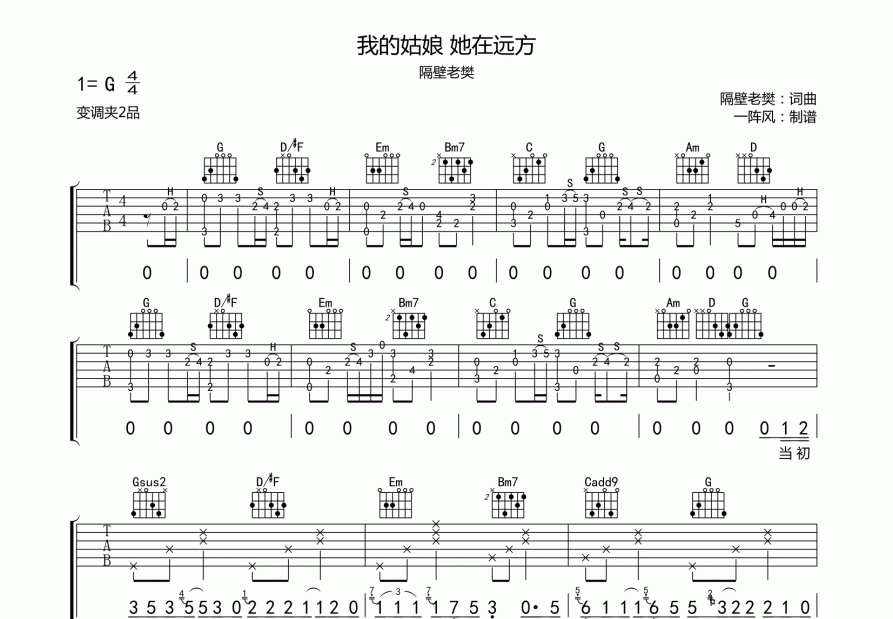 我的姑娘 她在远方吉他谱预览图