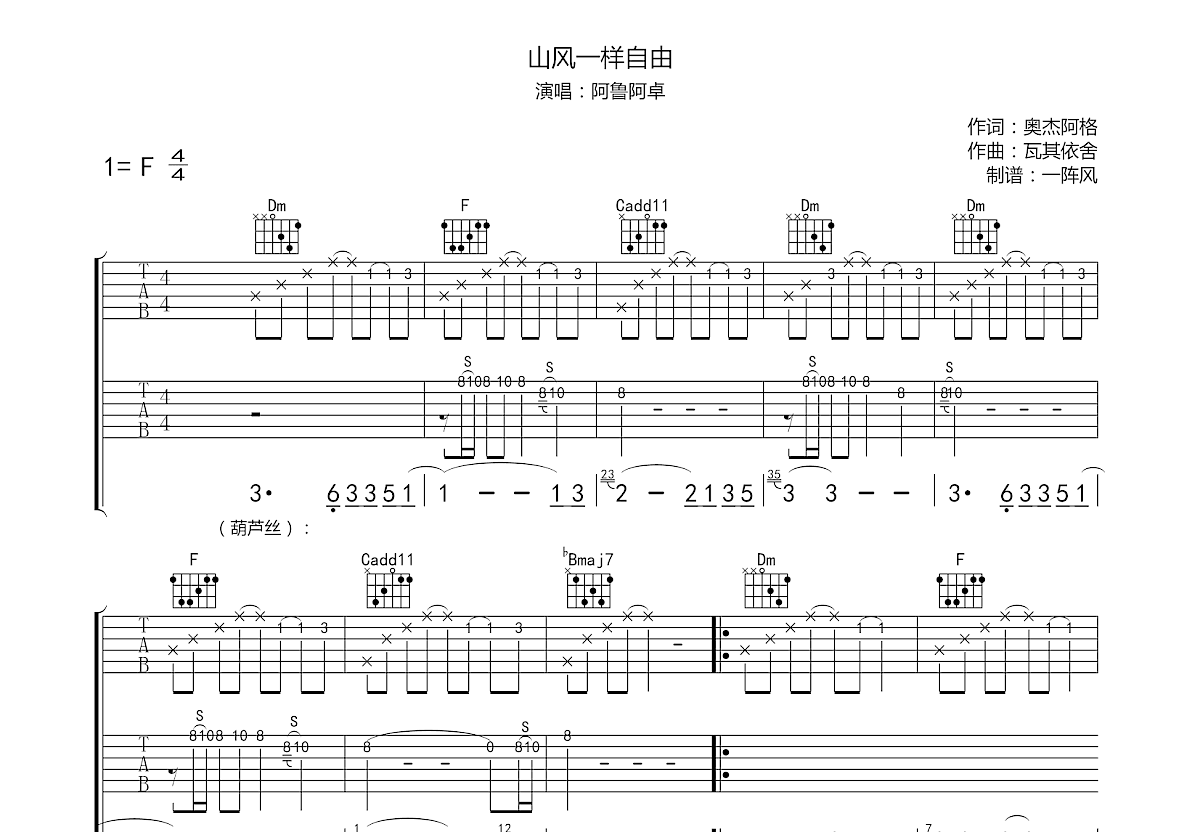 山风一样自由吉他谱预览图