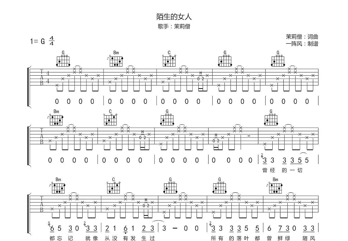 陌生的女人吉他谱预览图