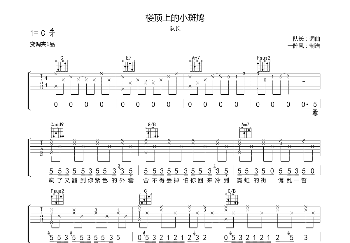 楼顶上的小斑鸠吉他谱预览图