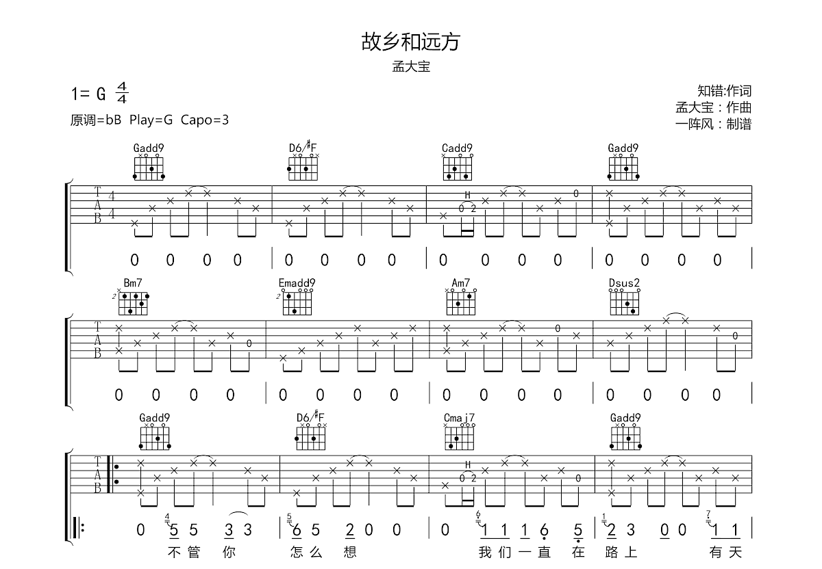 故乡和远方吉他谱预览图