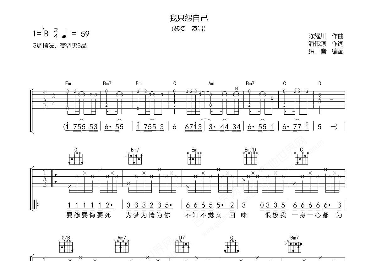 我只怨自己吉他谱_黎姿_G调弹唱
